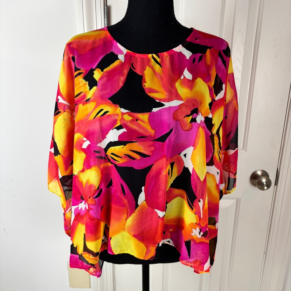 Chico's 100% Silk Floral Poncho Top Pink Orange Abstract Sheer M/L